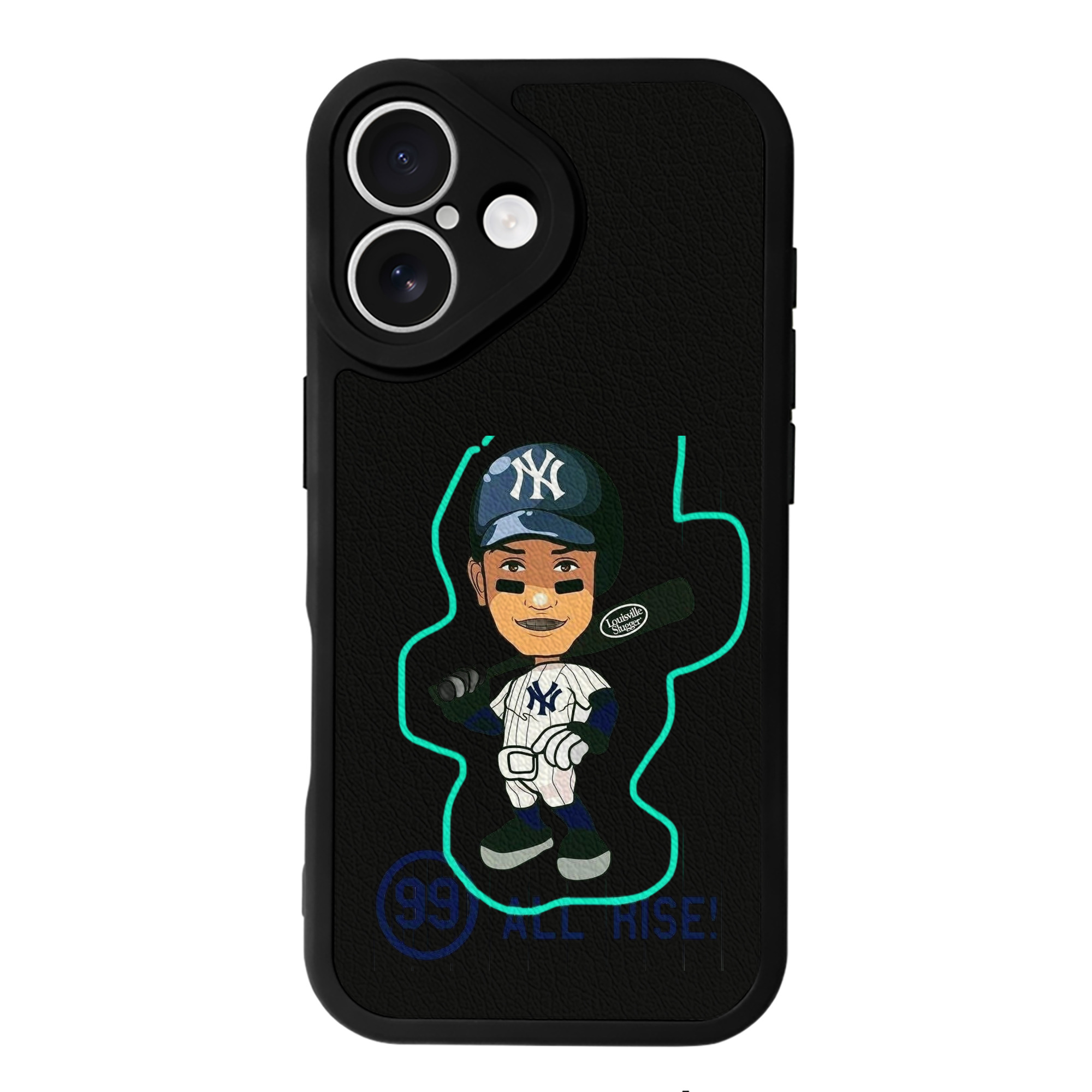Aaron Judge 99 All Rise Cartoon IPhone 16 Silicone Leather Case – UV Print, Lambskin Texture – Perfect Fit, Wireless Charging Compatible, Scratch Resistant, Precise Cutouts – Stylish Protection For IPhone 16